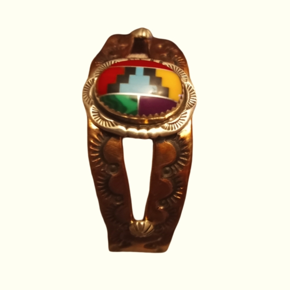 SALE! Navajo Authentic  inlay stone sterling copper cuff